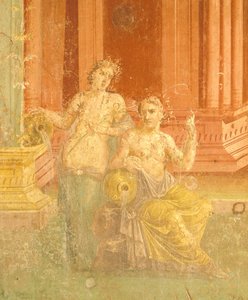 Fresco in Vierde Pompeiaanse Stijl op rode achtergrond, Huis van Pinario Ceriale, Pompeii, Campania, Romeinse Beschaving