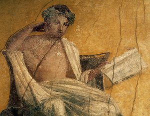 Griekse toneelschrijver Menander, detail van fresco, peristilium van Huis van Menander, Pompeii, Campania, Italië, Romeinse beschaving