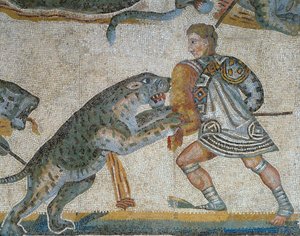 Mozaïek met een scène van een wilde dierenjacht, detail van een gladiator die een wild dier doodt door Roman Roman