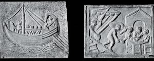 Reliëf met een koopvaardijschip (Museo Nazionale, Rome) en reliëf met het lossen van een schip (Museo Torlonia, Rome) 3e of 4e eeuw door Roman Roman