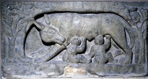 Reliëf in kalksteen van Lupercal (naam van een grot in Rome): wolf met Romulus en Remus, Museum van Avenches. door Roman Roman