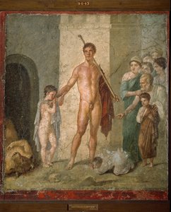 Theseus bevrijdt de zeven jonge mannen uit het doolhof na de overwinning op de Minotaurus. Fresco uit de Villa de Gavius Rufus in Pompeii. Archeologisch Museum van Napels door Roman Roman