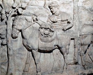 Romeinse kunst: een muilezel beladen met buit. Mal uit 1862 die de bas-reliëfs van de zuil van Trajanus in Rome reproduceert door Roman Roman