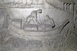 Romeinse kunst: boot laadt voorraden op de Donau tijdens de Eerste Dacische Oorlog. Gietvorm uit 1862 die de bas-reliëfs van de zuil van Trajanus (Colonna Traiana) in Rome reproduceert, gebouwd tijdens het bewind van keizer Trajanus (53-117) door Roman Roman