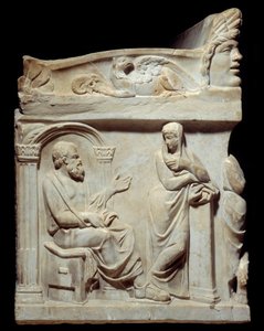Romeinse oudheid: Sarcofaag van de Muzen. Deze sarcofaag is versierd met de voorstelling van de negen muzen en, aan de zijkanten, portretten van de filosoof Socrates en de dichter Hesiodus