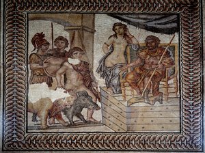 Romeinse kunst: Admete, koning van Pherae in Thessalië, die een everzwijn en een leeuw heeft getemd, vraagt Pelias, koning van Iolcos, om de hand van zijn dochter Alceste. Mozaïek van het Huwelijk van Admete. Nîmes, Museum voor Schone Kunsten