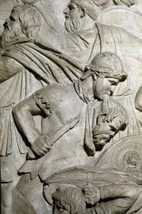 Romeinse kunst: Romeinse krijger die het hoofd van een vijandige krijger tussen zijn tanden houdt door Roman Roman