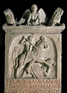 Romeinse kunst: grafsteen van de aristocraat en Romeinse politicus Flavius Bassus Herculanus (bekend rond 449-452) 5e eeuw na Christus. Rome, Museo della Civilta Romana