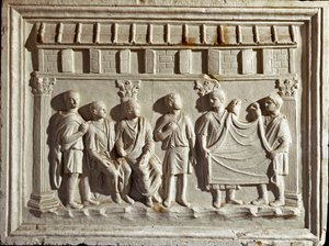 Romeinse kunst: laag reliëf gietvorm die een stof en wandtapijten voorstelt. Van een origineel uit de 2e eeuw n.Chr. Rome, Museo della Civilta Romana door Roman Roman