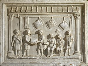 Romeinse kunst: mal die een stof en wandtapijten voorstelt. Van een origineel uit de 2e eeuw na Christus (laag reliëf) door Roman Roman