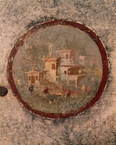 Rond met huizen en gebouwen, detail van fresco uit Huis van de Eeuwfeest, Pompeii, Campania, Romeinse beschaving
