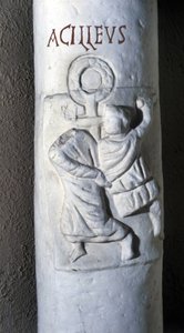 Sint Achilles, Romeinse martelaar van de 4e eeuw, onthoofd door Caesar omdat hij geen eed wilde afleggen omdat hij christen was. Laag reliëf van de catacomben van Santa Domitilla in Rome