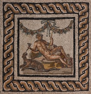 Het huis van Dionysus, een van de Romeinse domus van Ortaglia: detail van de mozaïekvloer die Dionysus en de panter voorstelt (detail)