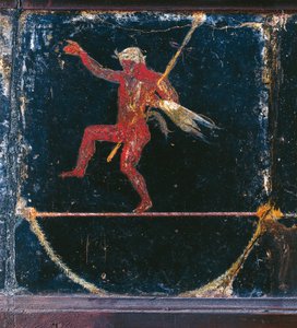Derde stijl fresco met funambolist Seleni, detail van Silenus die thyrsus vasthoudt, uit de zogenaamde Villa van Cicero in Pompeii door Roman Roman