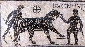 Tijgertemmers in de muren van het Colosseum - Romeins mozaïek