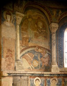 Romaans kunst: schilderij dat het martelaarschap van Sint Laurentius voorstelt. Fresco. Kapel van het Château des Moines, Berze la Ville, Frankrijk