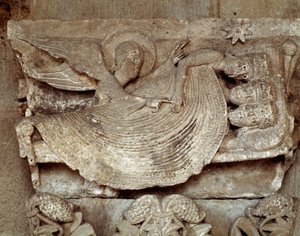 De wijzen slapen met een engel die hen wekt en wijst naar de ster van Bethlehem (gebeeldhouwd kapiteel) door Romanesque
