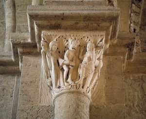 De duivel toont een vrouw aan Sint-Benedictus om hem te verleiden, kapiteel van het voorportaal (beeldhouwwerk)