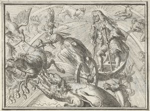 Karikatuur die Lodewijk XIV als Apollo in zijn wagen uitbeeldt, 1701 door Romeyn de Hooghe
