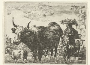 Herderin met mand op het hoofd, een koe, twee geiten en twee schapen in het water door Romeyn de Hooghe