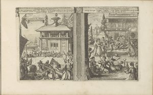 Japanse koophandel; Hof van de koning van de Calaminhans door Romeyn de Hooghe