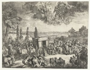 Karel II van Spanje knielend bij een koets
