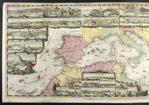 Kaart van de Middellandse Zee met allegorische figuren en zeemonsters die de inzetstukken verfraaien, uit 