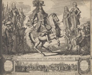 Willem III als Prins van Oranje, met de vier voorgaande Stadhouders, Willem I, Maurits,... door Romeyn de Hooghe