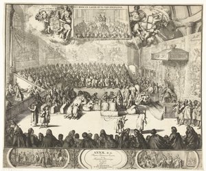 Zitting van het Lagerhuis met koningin Anna op de troon, 1702 door Romeyn de Hooghe