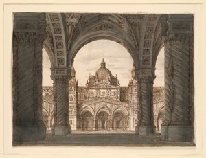 Toneelontwerp, kerkgevel vanuit een loggia, I due Valdomiri door Felice Romani, muziek door Pietro de Winter. Uitgevoerd in La Scala, Milaan, 1818 door Romolo Achille Liverani