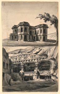 Toneelontwerpen, kasteel in landschap en tempels en grotten door Romolo Achille Liverani