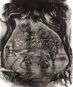 ANZAC-troepen steken een oerwoudrivier over tijdens een patrouille in de Tweede Wereldoorlog (gouache op papier) door Ron Embleton
