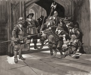 Kolonel Pride die bepaalde leden van het Lagerhuis de toegang weigert (gouache op papier) door Ron Embleton