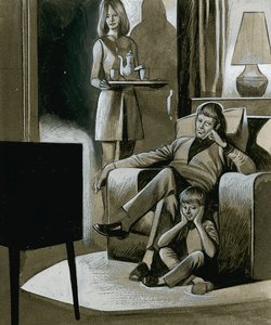 Een gezin kijkt televisie in zwart-wit in de jaren 1960 door Ron Embleton