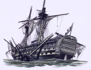 HMS Victory na de Slag om Trafalgar, met weggeschoten bezaan topmast (gouache op papier) door Ron Embleton