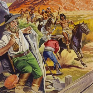 Jacob Waltz en zijn vriend worden aangevallen door Apache Indianen (gouache op papier)