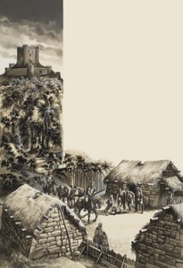 Middeleeuws dorp (gouache op papier) door Ron Embleton