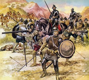 Mexico, Spanjaarden verzamelen een expeditie om een gouden stad in het noorden te vinden (kleurenlitho)