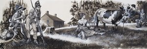 Melkmeisje met soldaten (gouache op papier) door Ron Embleton