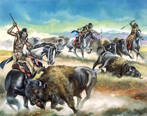 Indianen doden Amerikaanse bizon (gouache op papier) door Ron Embleton
