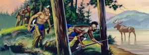 Indianen besluipen een eland (gouache op papier) door Ron Embleton