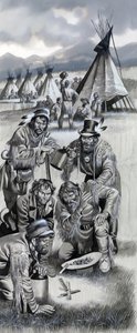 Groep bergmannen in het wilde westen