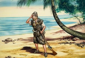 Robinson Crusoe (gouache op papier) door Ron Embleton