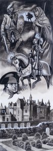 Schots kasteel en persoonlijkheden uit de Schotse geschiedenis (gouache op papier) door Ron Embleton