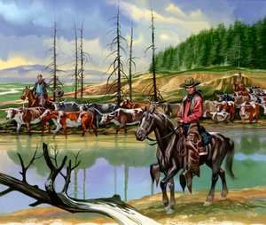 Texaanse cowboys drijven vee naar het noorden