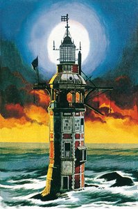 De eerste vuurtoren van Eddystone (litho)