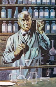 Thomas Alva Edison, Amerikaans uitvinder en zakenman (kleurenlitho) door Ron Embleton