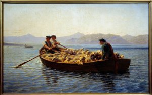 Verandering van grazen. Herders brengen de kudde schapen naar de andere oever. Schilderij door Rosa Bonheur (1822-1899) door Rosa Bonheur