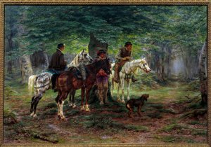Ruiters verrast door regen (17e eeuw). In een bos schuilen mannen te paard onder een boom wachtend tot de regen stopt.