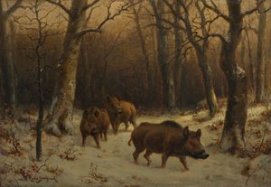Wilde zwijnen in de sneeuw, c. 1872-1877